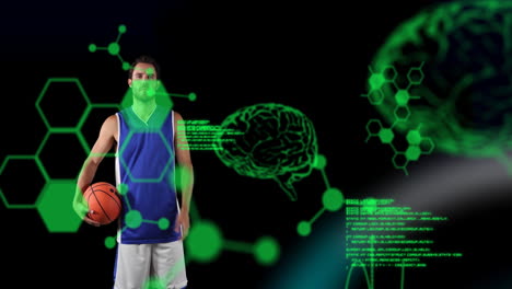 animación de cerebros digitales y procesamiento de datos sobre un jugador de baloncesto masculino sosteniendo la pelota