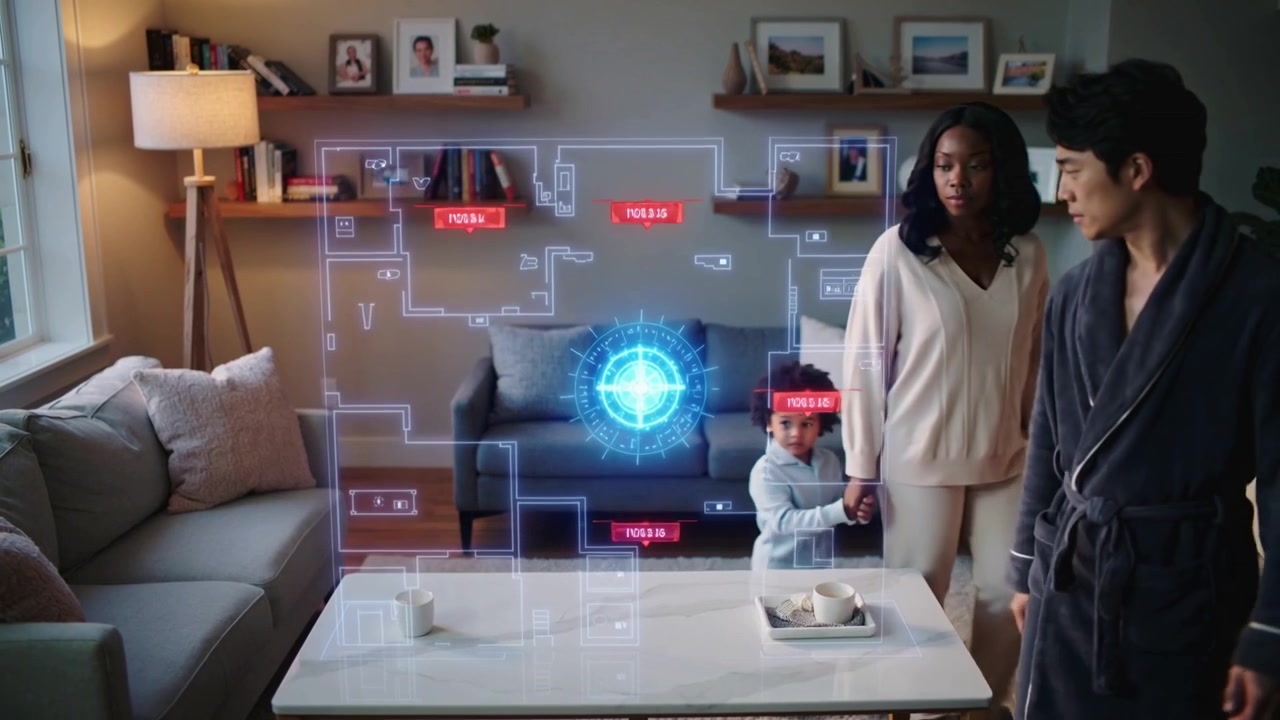 Pulsing orb urging child touching holo coffee-table living-room, showing red tags, dad-robe guiding