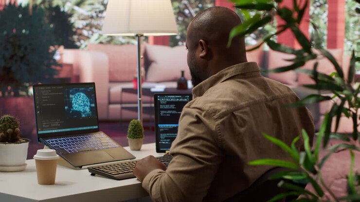Software engineer coding on a laptop focusing on deep learning