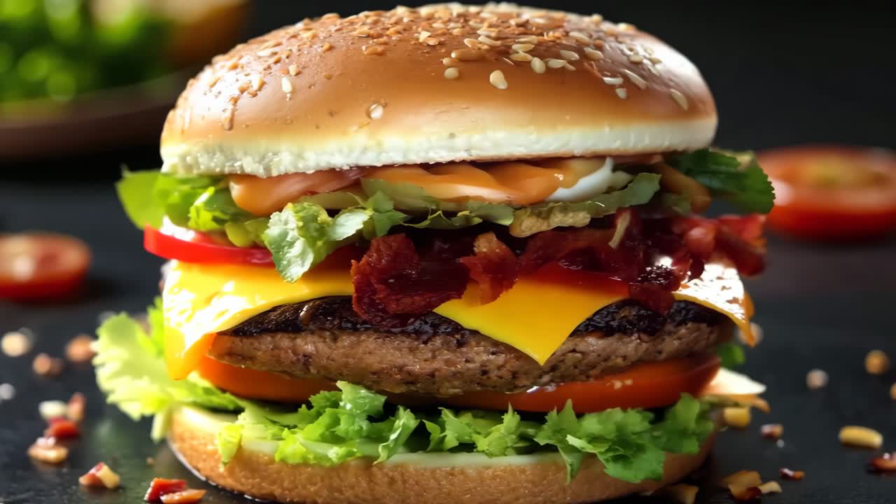 una hamburguesa con lechuga, tomate, cebolla y tocino en un pan