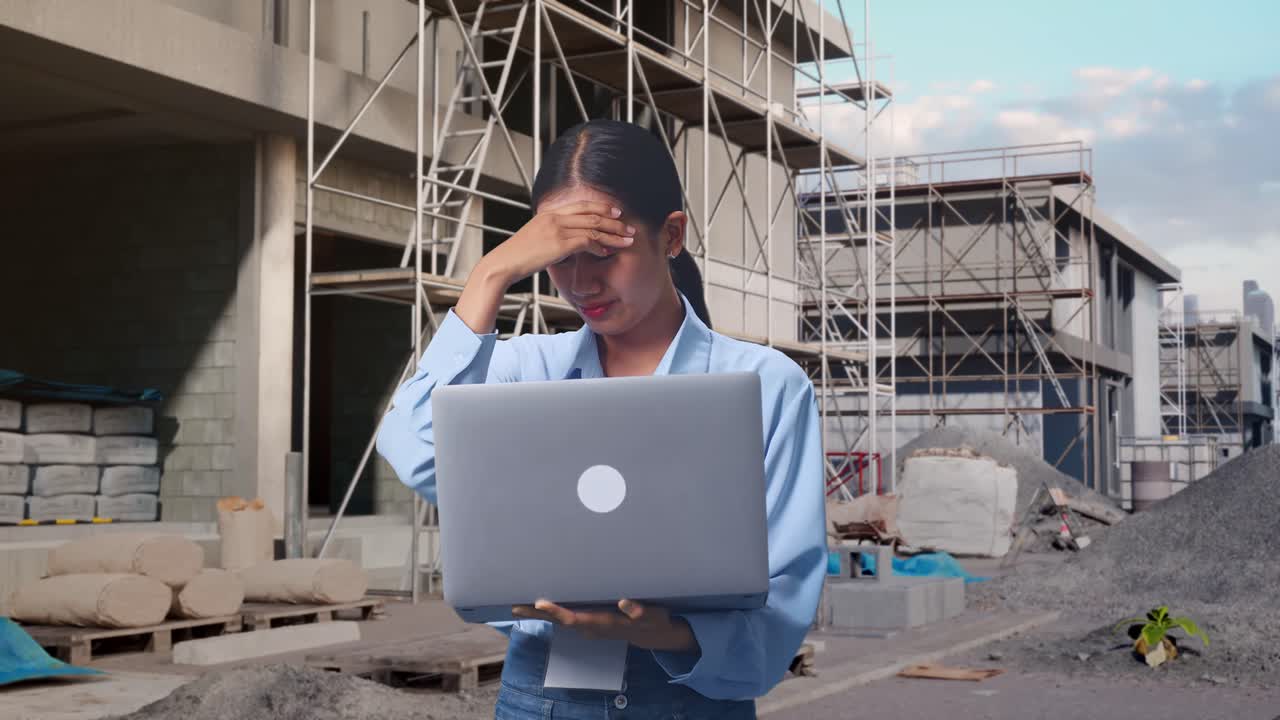 Mulher asiática com seu laptop em uma construção de uma nova casa; ela está balançando a cabeça em sinal de desaprovação