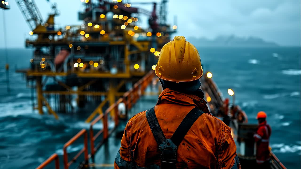 Worker monitors rig in storm. A worker in an orange jacket watches an oil rig in rough seas during sunset, highlighting safety and diligence