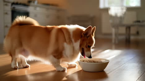 a corgi dog eating from its food bowl