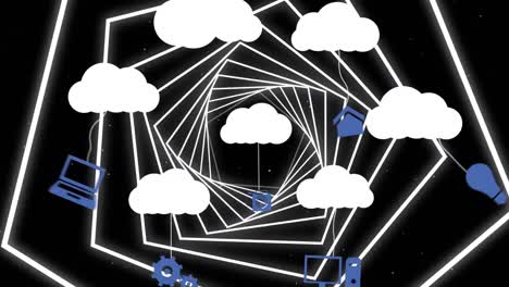 Animation-of-clouds-with-icons-over-neon-pentagons