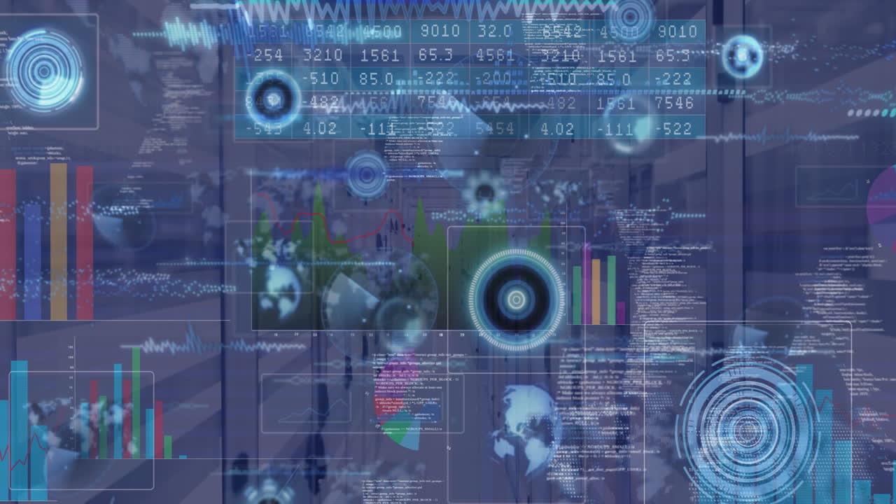 Urban bakgrunn med datavisualisering, grafer, diagrammer og animasjonsoverlegg