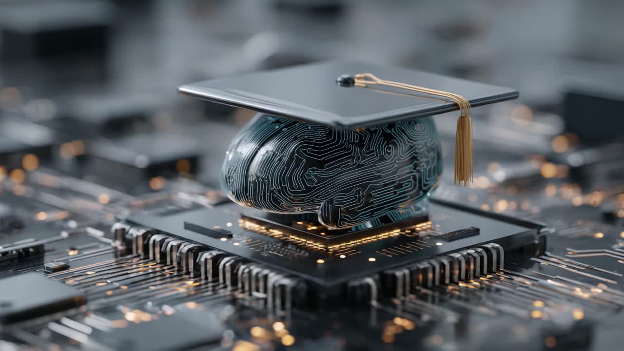 A digital representation of intelligence highlighted by a graduation cap atop a circuit board, symbolizing innovation, education, and the future of technology in learning