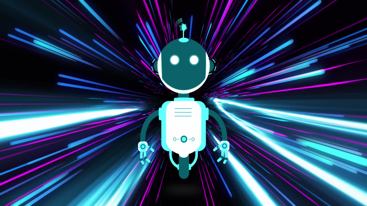 Animation of ai chat bot over colourful light trail striped background