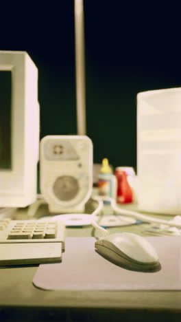 a close-up shot of a computer mouse on a desk with a computer monitor and keyboard in the background