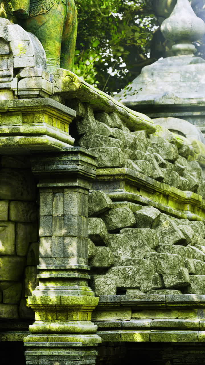 Ancient temple ruins surrounded by lush greenery and sunlight at dusk