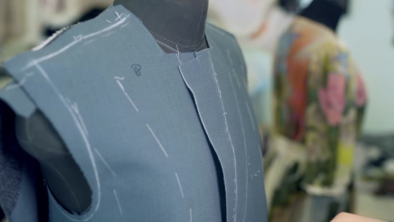 sastre mide la longitud del cuello de la chaqueta para coser