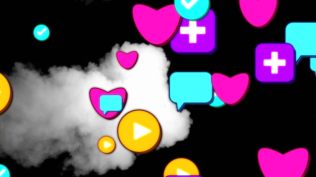 Cuore magenta che appare, icone che nascono, fluttuano, pulsano e si impilano su fumo che si disperde per coinvolgere.