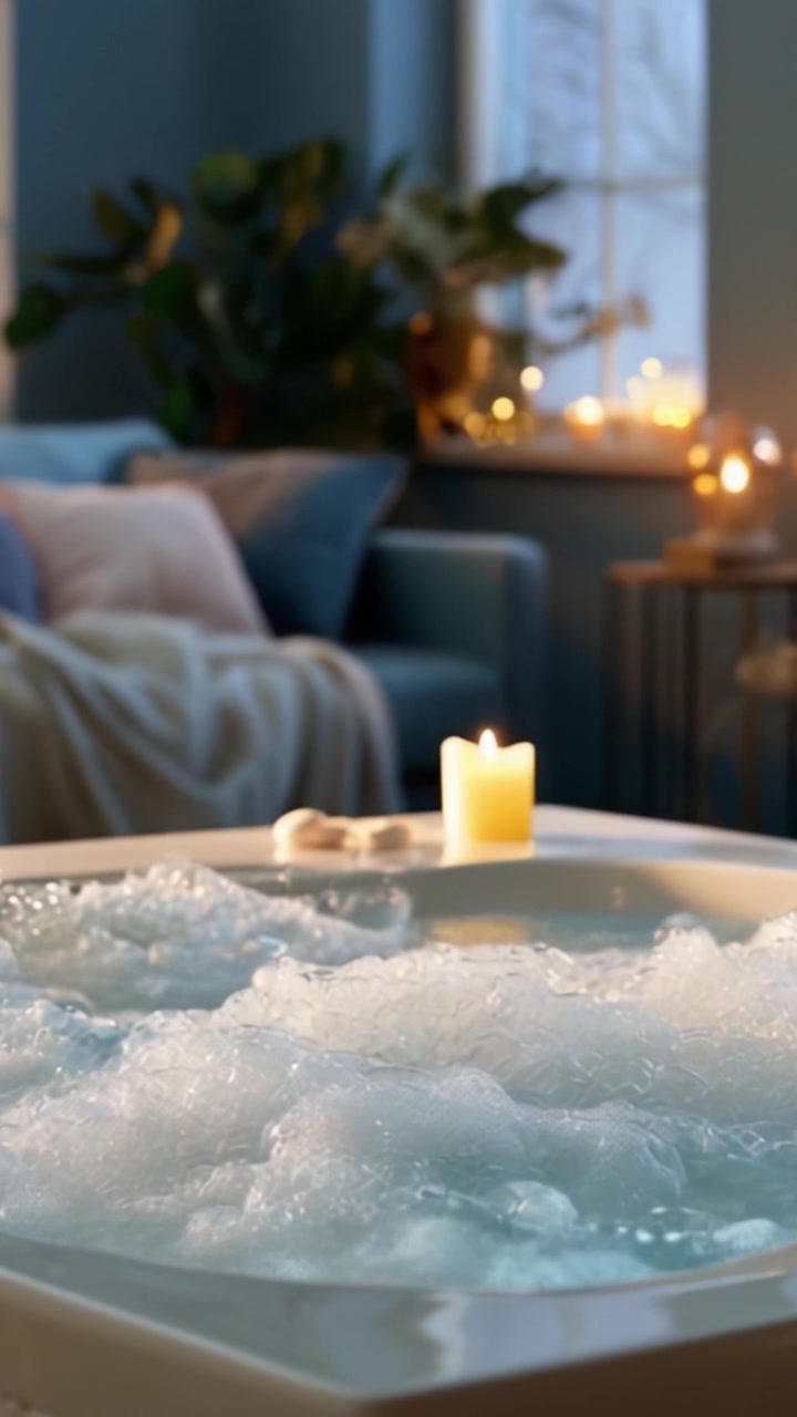 Esperienza spa rilassante: una vasca accogliente con bolle e luce di candela che invita alla serenità in un confortevole ambiente domestico