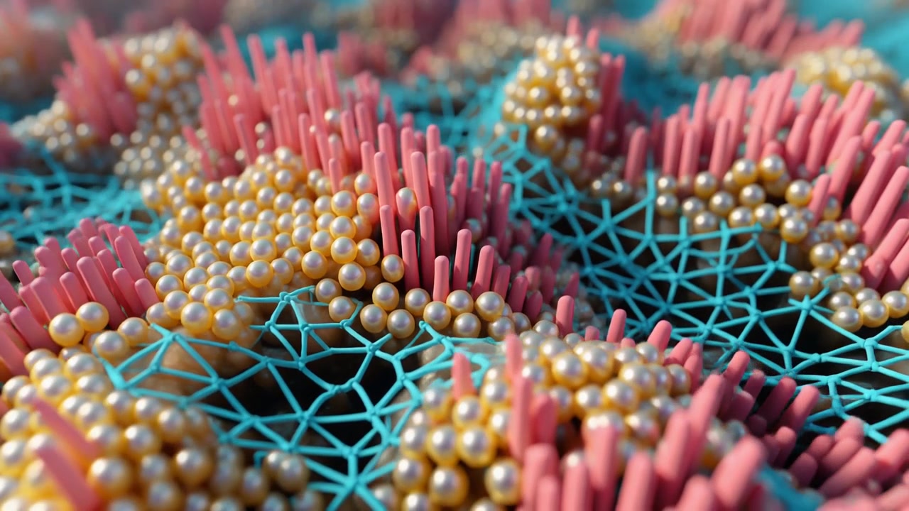 Animação 3D Abstrata de Esferas em Movimento e Estruturas Geométricas