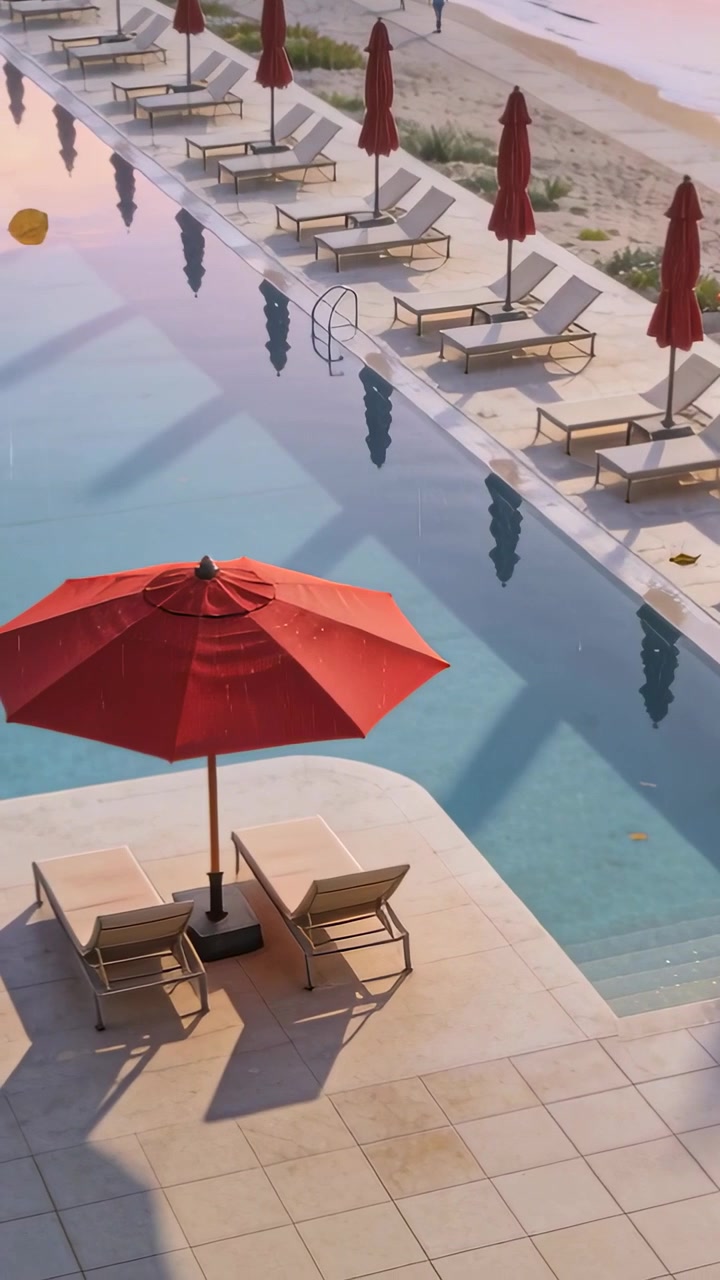 Vertical video: Framing red umbrella and chairs by pool, walkers entering for stroll, leaf drifting