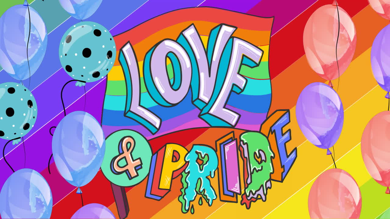 무지개 배경과 함께 사랑과 자부심 텍스트 위에 풍선의 애니메이션