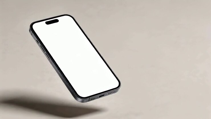 Starting phone sliding downward and rotating on beige backdrop for product demo with white screen