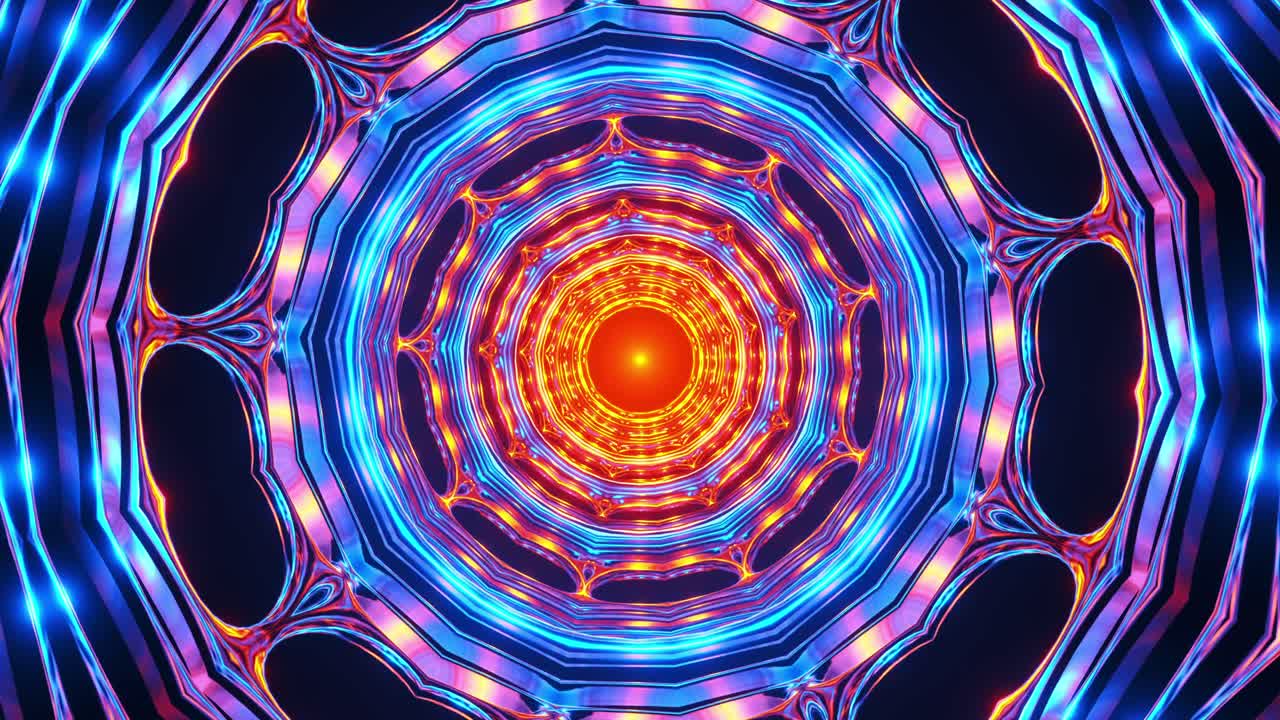 patrón circular azul y rojo con luz brillante. ciclo de caleidoscopio vj