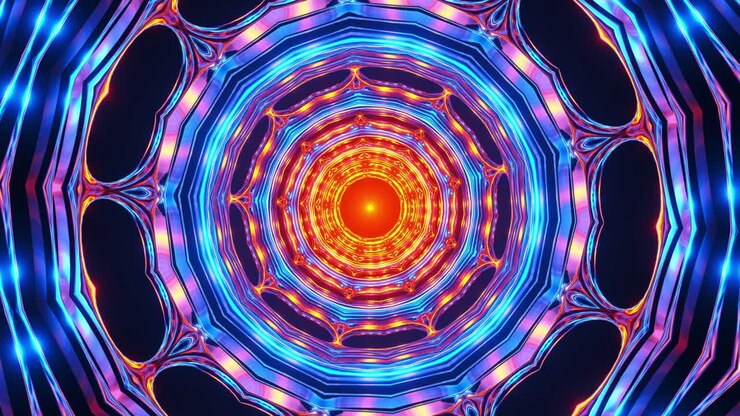 Padrão circular azul e vermelho com luz brilhante. Loop VJ de Caleidoscópio