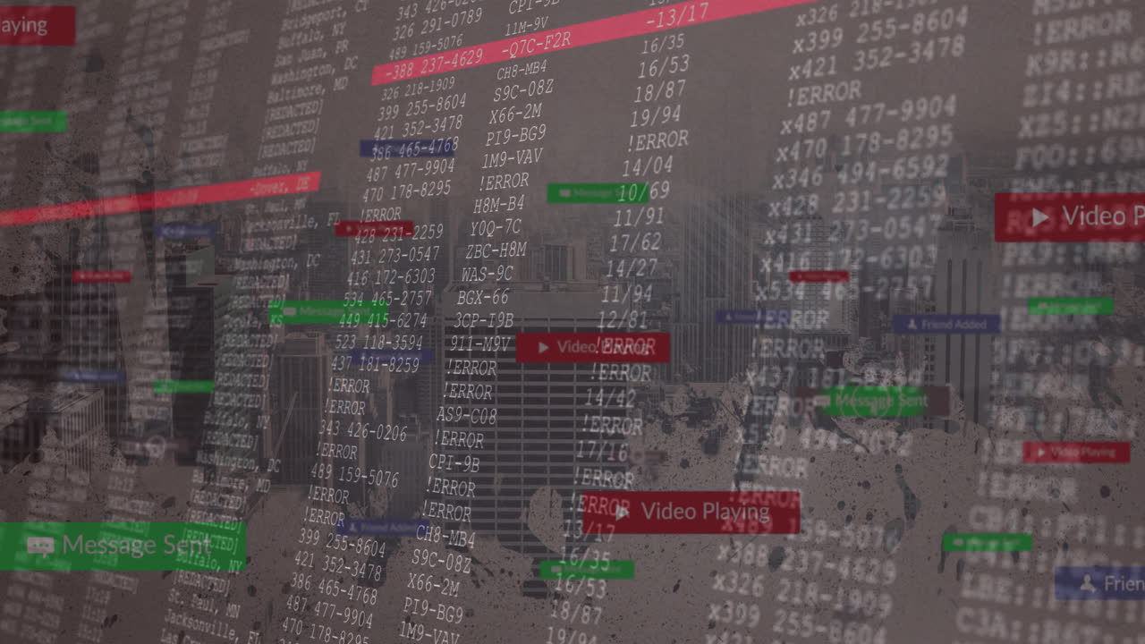 Cityscape with data processing animation and error messages, video alerts appearing
