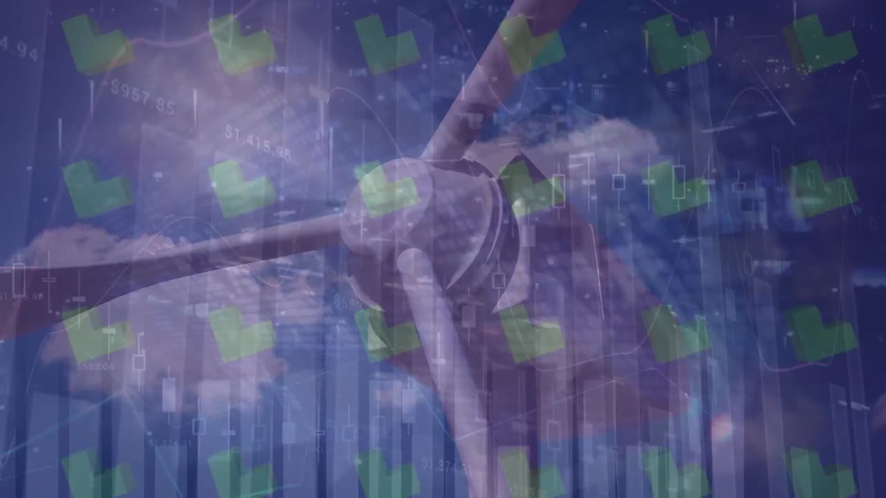 animación del procesamiento de datos e íconos sobre la turbina eólica