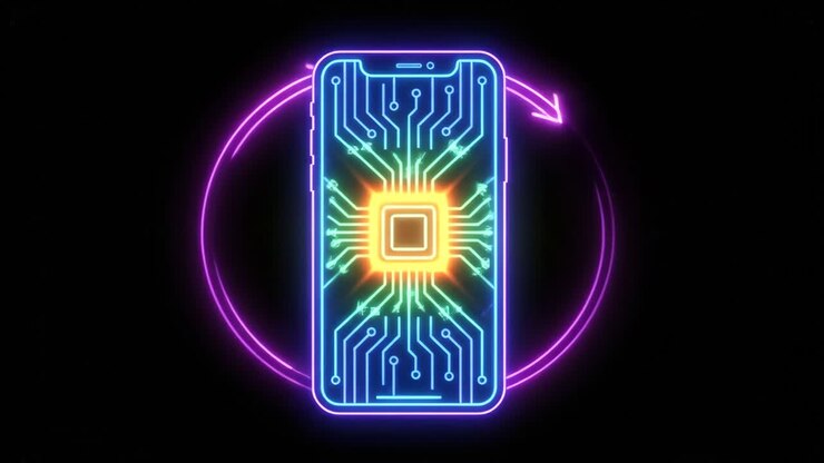 Abstract Neon Smartphone with Circuitry and Data Processing Animation