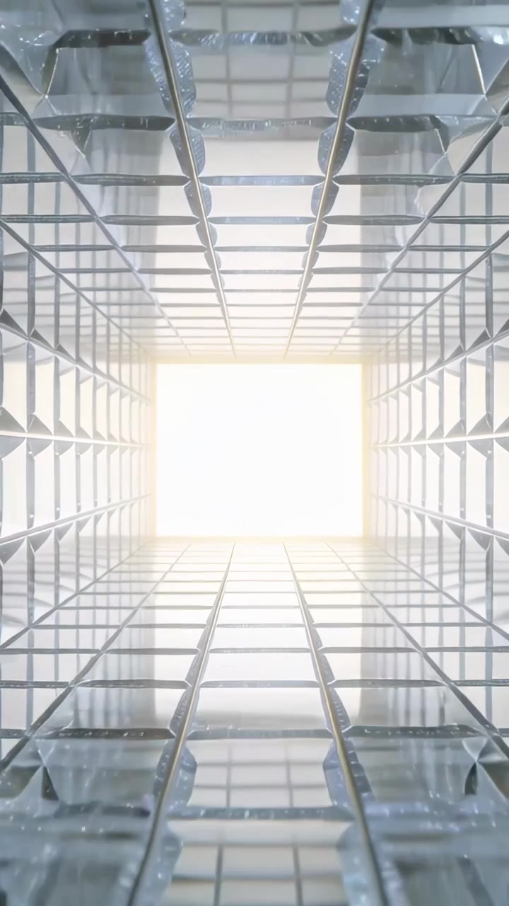Vertical video: Moving glass grid tunnel going to reach lit square on camera push