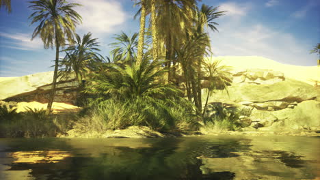 desert oasis with lush palm trees and tranquil water under a bright sky