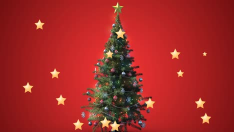 Animation-of-stars-falling-and-christmas-tree-over-red-background