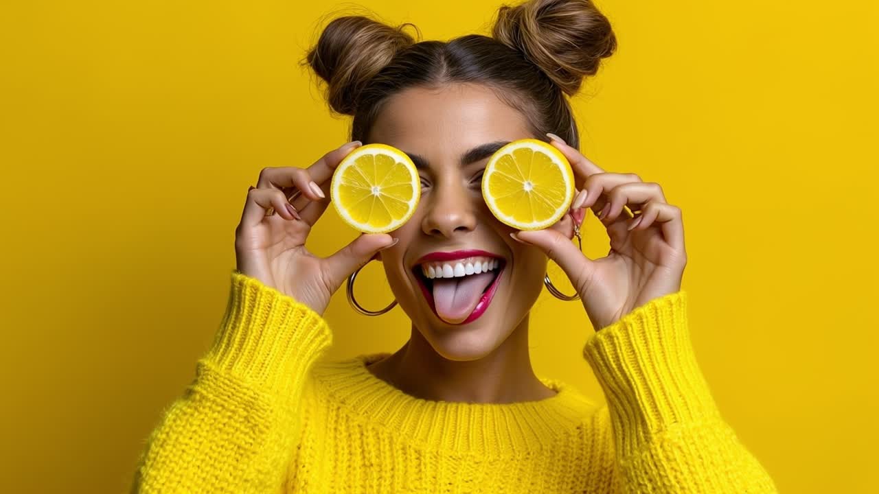 Giovane donna giocosa con maglione giallo che tiene fette di limone sugli occhi su sfondo giallo.