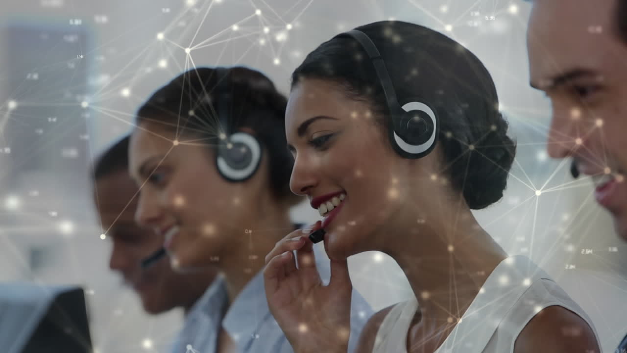 Animation of network of connections over business people wearing phone headsets