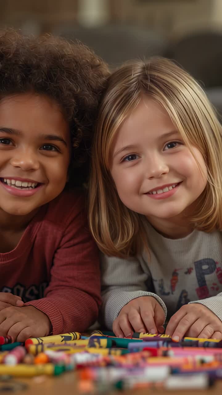 Video verticale: dopo aver sorriso, bambini che si sporgono sui pastelli vicino al divano, che sistemano lavoretti color granata e grigio