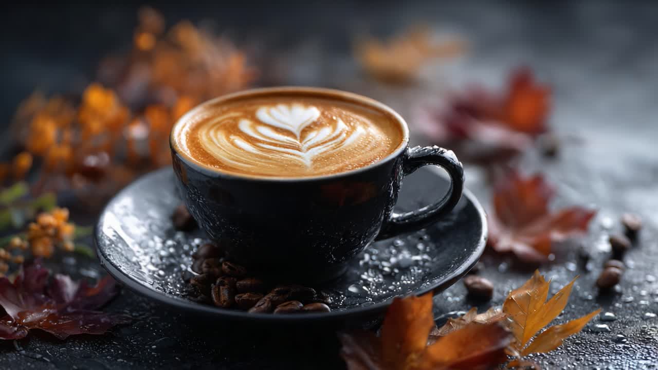 A Warm Autumn Coffee Experience: Delight in the Rich Aroma and Beautifully Crafted Latte Art Surrounded by Vibrant Fall Leaves and Coffee Beans