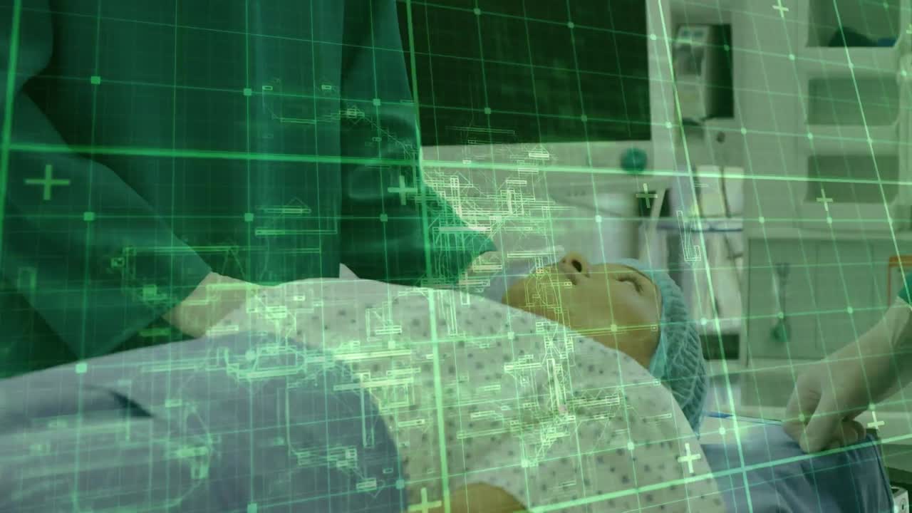 병원에서 여성 환자와 대화하는 남성 외과 의사에 대한 그리드 네트워크의 애니메이션