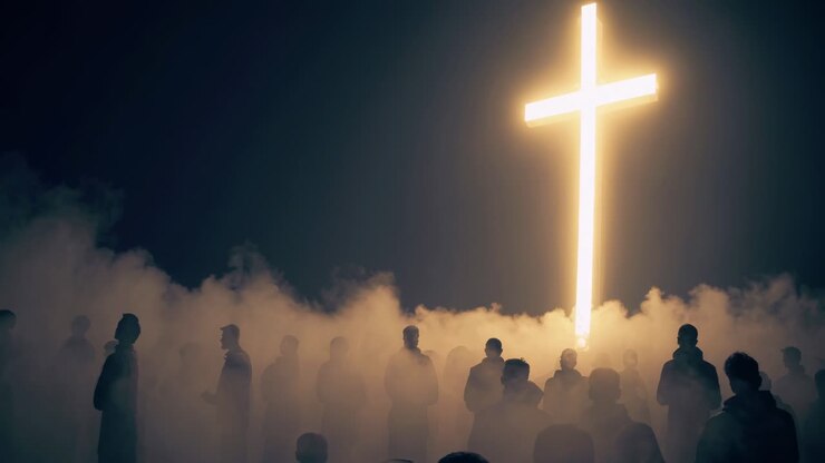 Silhouetted figures in mist face a glowing cross, captured from a low angle