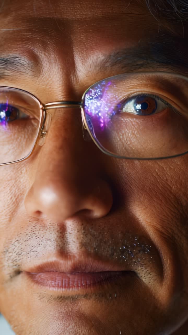 Intense Close-Up of a Man's Face with Reflective Glasses Capturing Colorful Light Patterns in His Eyes, Showcasing Emotion and Intrigue in a Unique Perspective