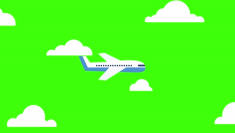 animation of an airplane flying in the sky surrounded by clouds. air transport or air travel concept. flat style. green screen. 4k