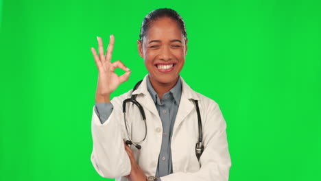 Okay-sign,-doctors-and-woman-on-green-screen