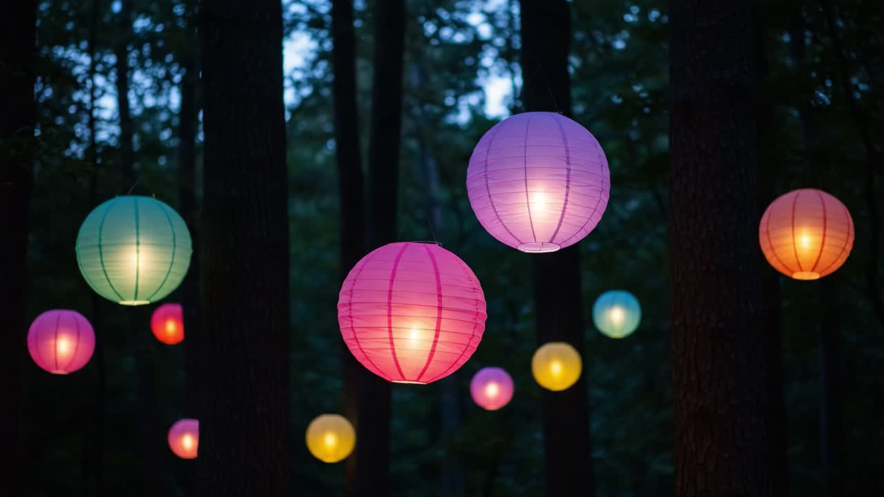 A Collection of Colorful Lanterns Illuminating a Serene Forest Scene at Dusk, Creating a Magical Ambiance in the Heart of Nature