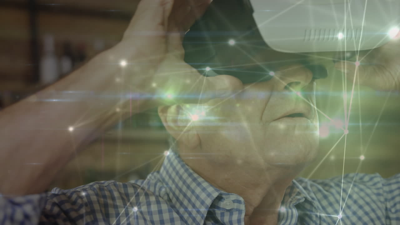 vr 헤드 ⁇ 을 착용한 사업가에 대한 연결 네트워크의 애니메이션