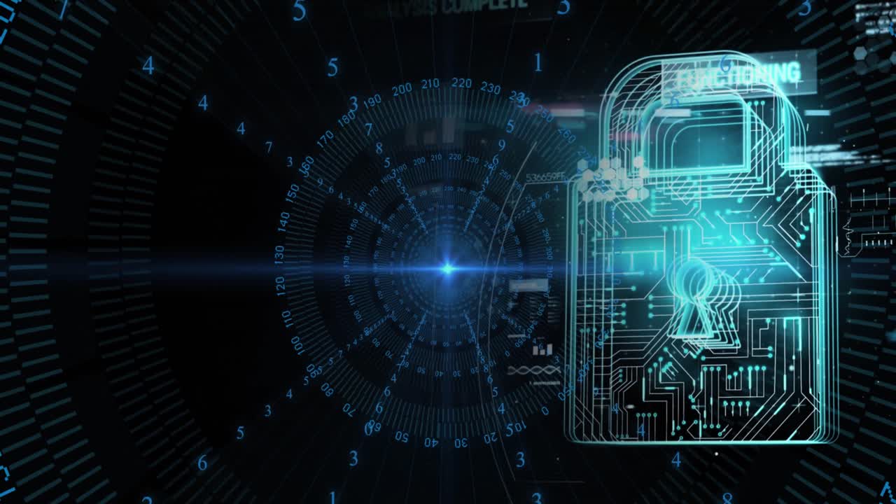 Animation of digital data processing and security padlock over black background