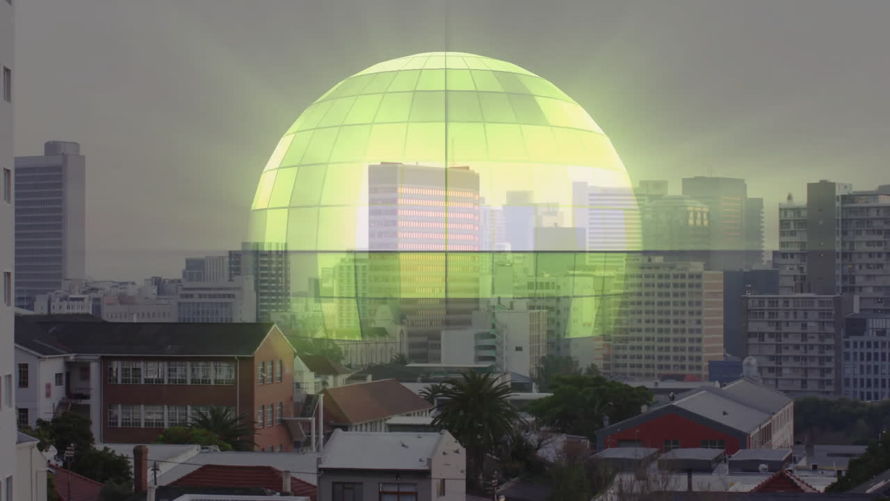 Glowing green dome animation over cityscape with buildings and trees