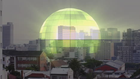 glowing green dome animation over cityscape with buildings and trees