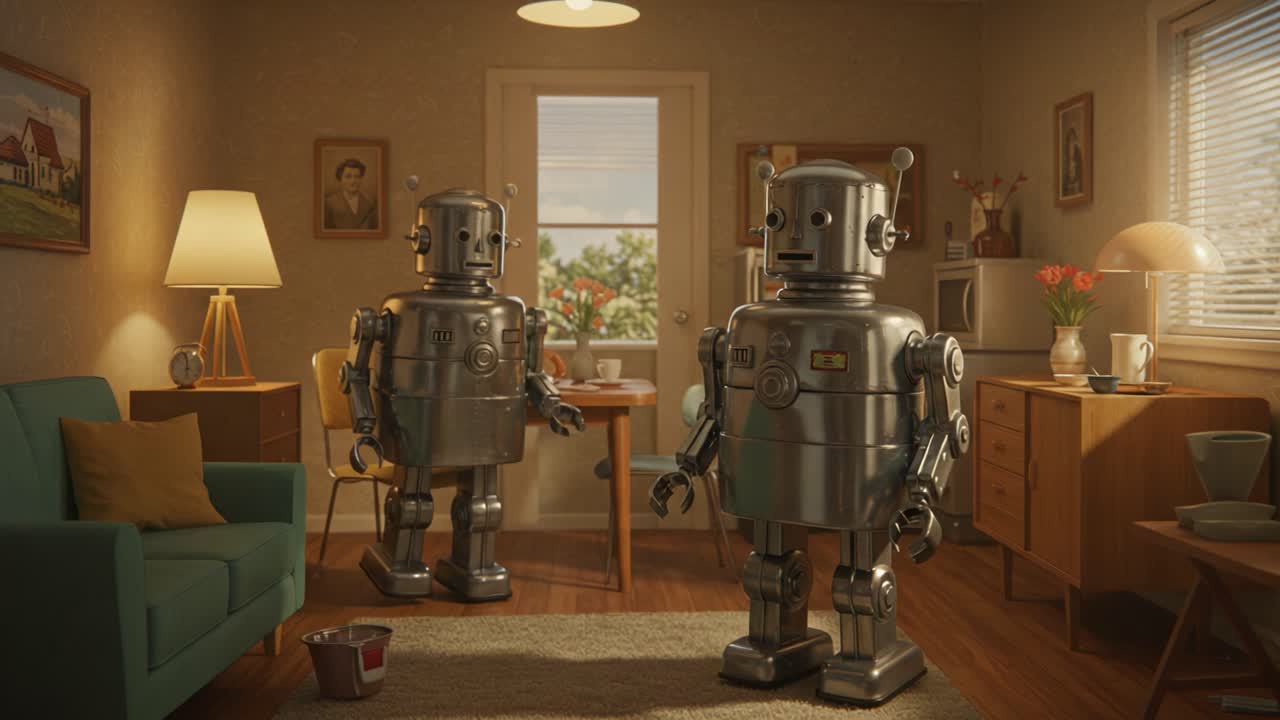 A Nostalgic Scene Featuring Two Charming Robots in a Cozy Living Room Set, Showcasing Their Whimsical Interaction in a Comfortable Domestic Environment