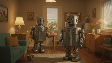 a nostalgic scene featuring two charming robots in a cozy living room set, showcasing their whimsical interaction in a comfortable domestic environment