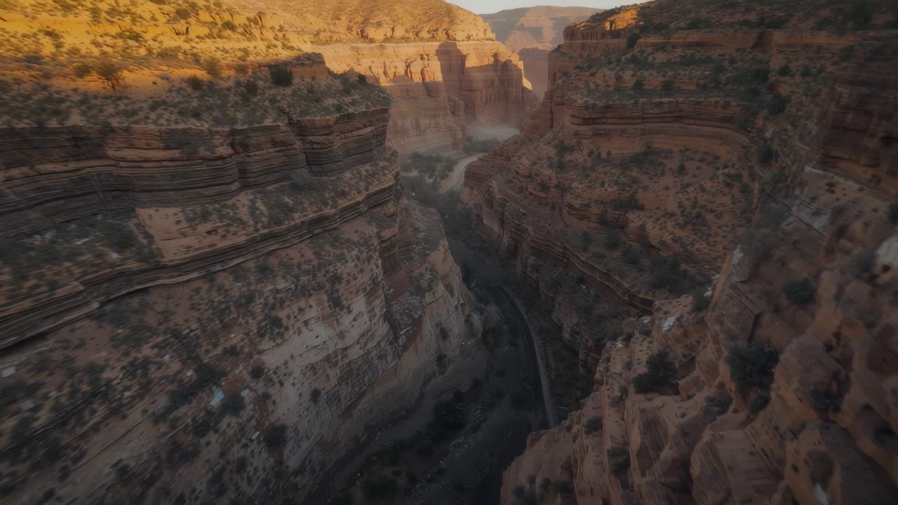 Start en luftoptagelse, hvor kameraet glider over canyonlag og afslører en smal kanal, solbeskinnede kanter og skygger