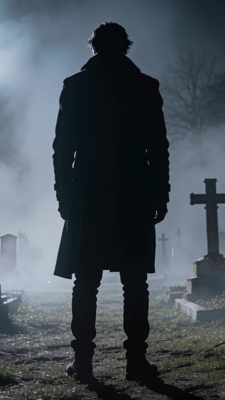 Video verticale: Uomo in piedi di fronte a tombe e una croce di pietra in un cimitero nebbioso, la brezza gli solleva il cappotto.