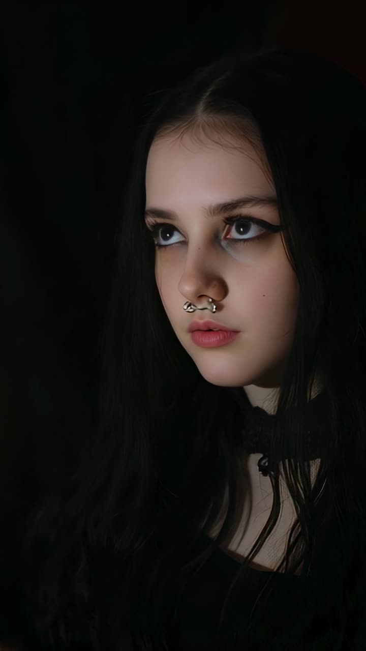 Video verticale: donna che prima chiude e poi alza lo sguardo, intenta a riflettere in una stanza poco illuminata con septum e fiocco