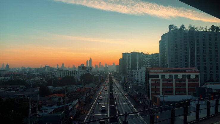 Straßenansicht des Sonnenaufgangs über Bangkok in 4K.