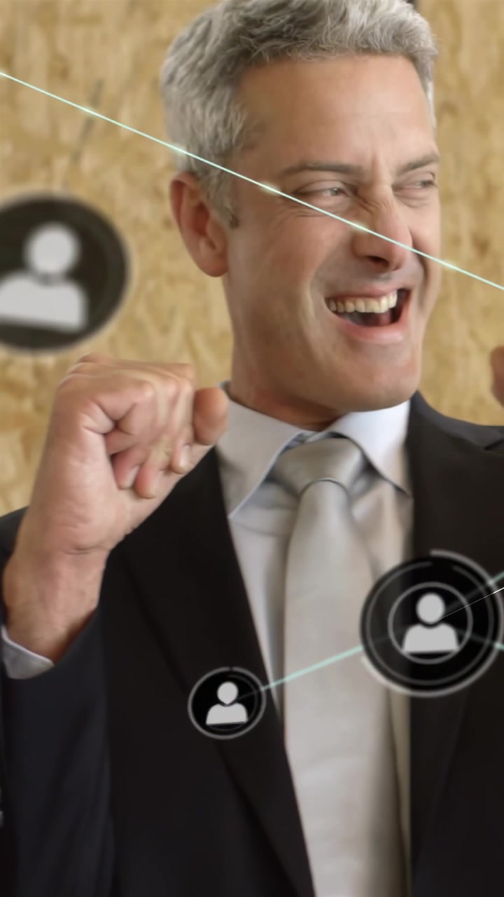 Vertical video: Business team celebrating win, clapping as network overlay rising and covering team