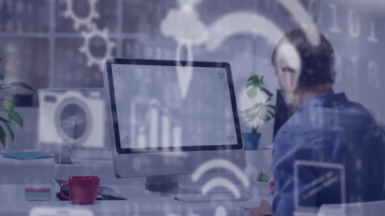 Animation of media icons over caucasian man using computer